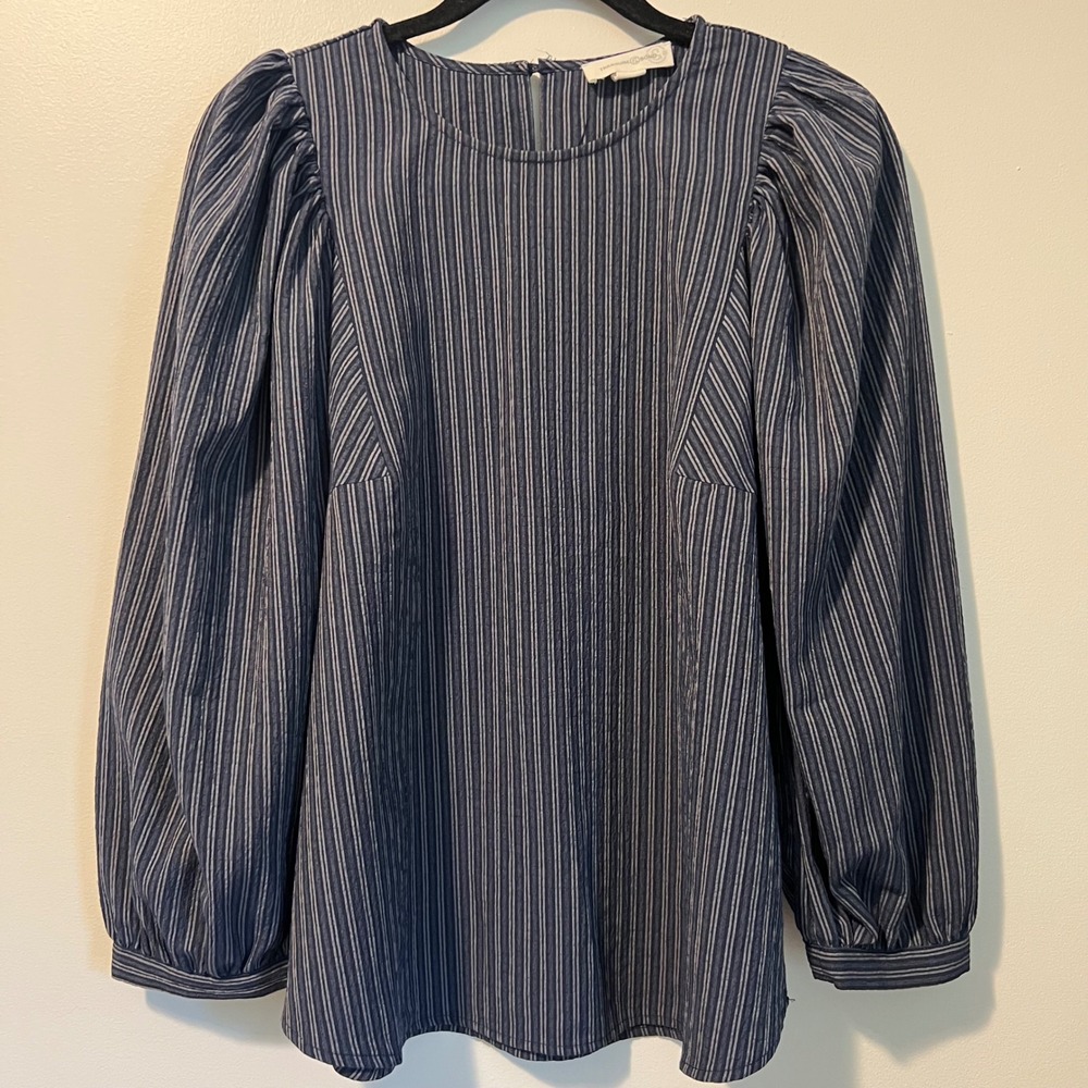 Treasure & Bond Navy Blue White Striped Puff Sleeve Blouse Top Medium
